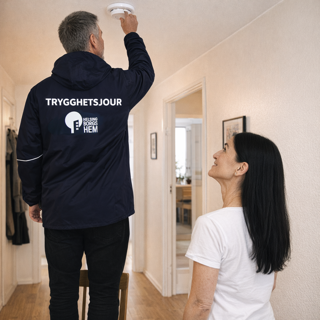 AI-bild: Man från Trygghetsjouren testar brandvarnare åt hyresgäst som tittar på.