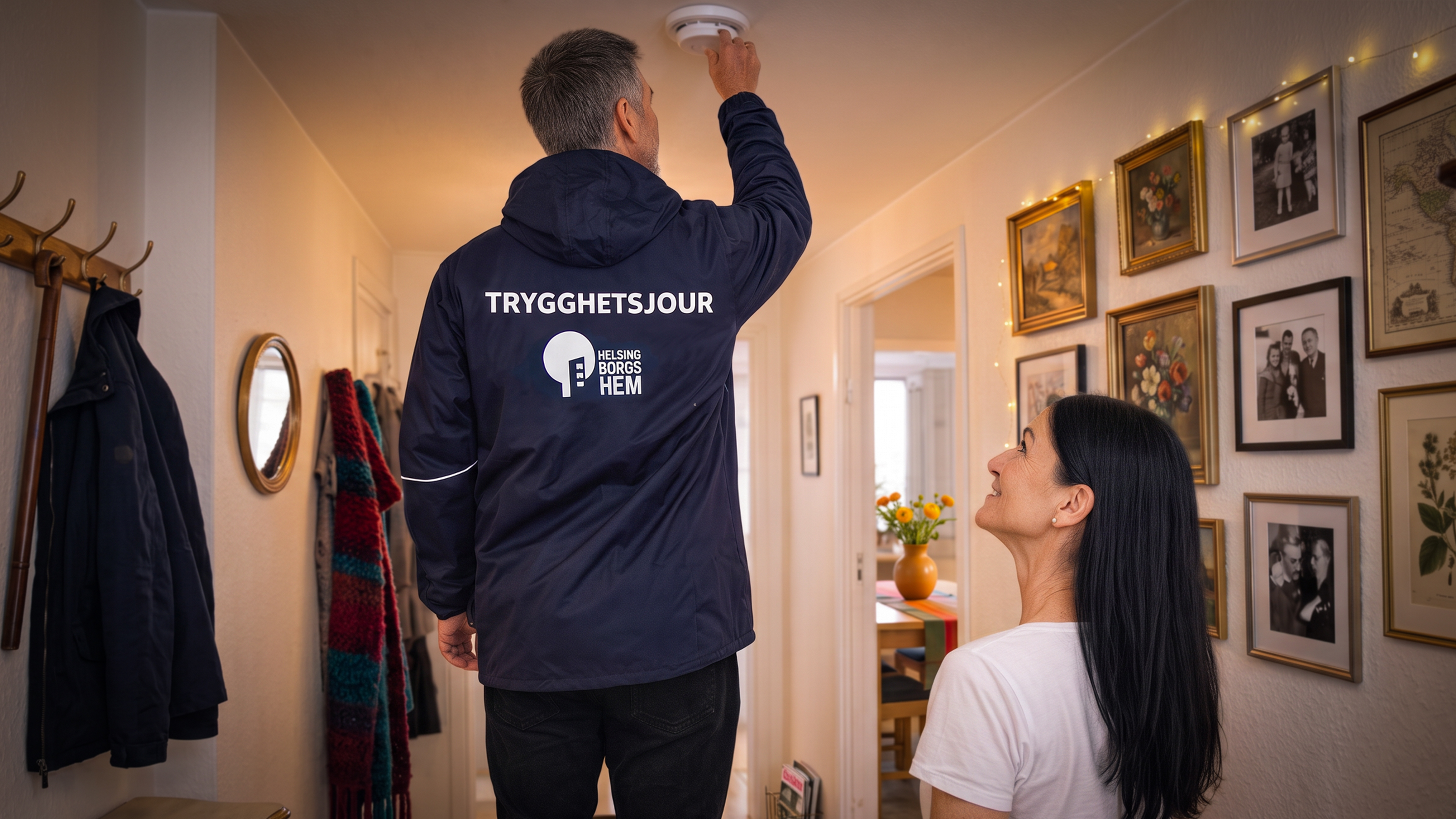 Man från Trygghetsjouren testar brandvarnare hemma hos hyresgäst.